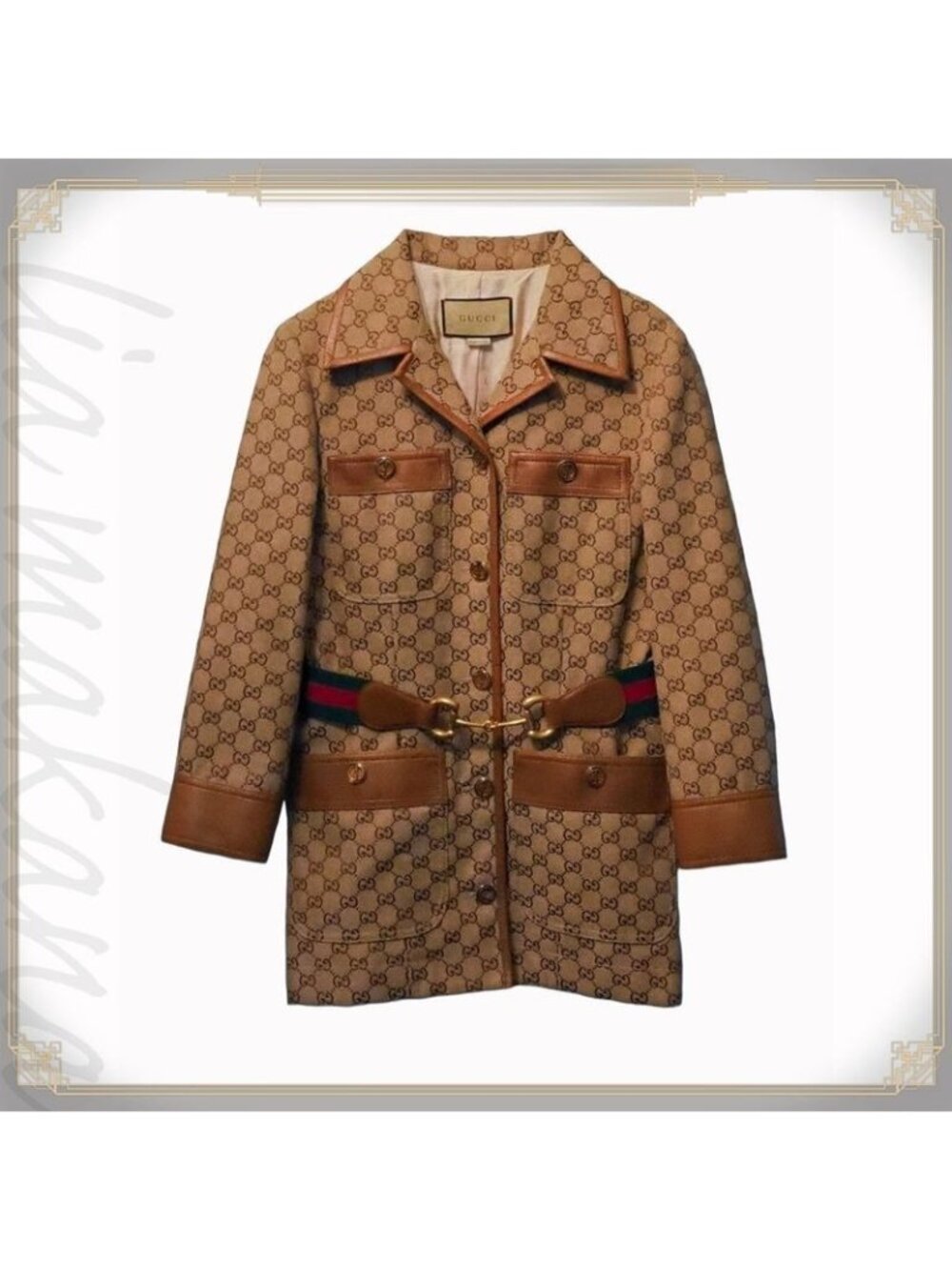 Gucci GG Canvas Jacket Web Stripe with Belt Outerwear Leather Trim